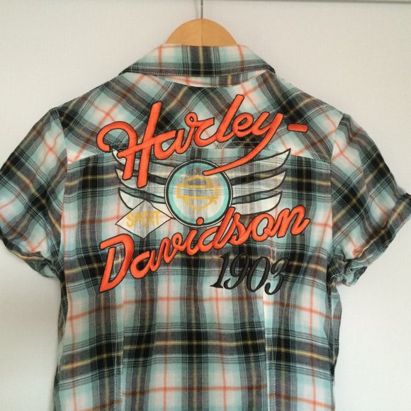 Harley-Davidson Womens Embroidered Blouse Small Plaid Pearl Snap Cap Sleeve - Picture 3 of 8